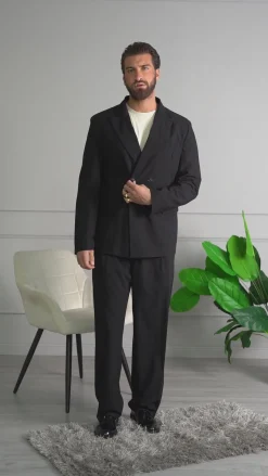 Abito Uomo Doppiopetto Viscosa Relaxed Fit Completo Giacca Rever A Lancia Pantaloni Pinces Fondo Largo Baggy Casual Nero GIOSAL-AE1120A