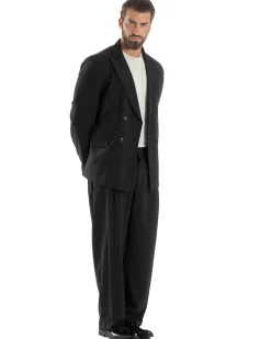 Abito Uomo Doppiopetto Viscosa Relaxed Fit Completo Giacca Rever A Lancia Pantaloni Pinces Fondo Largo Baggy Casual Nero GIOSAL-AE1120A