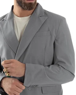 Abito Uomo Doppiopetto Viscosa Relaxed Fit Completo Giacca Rever A Lancia Pantaloni Pinces Fondo Largo Baggy Casual Grigio GIOSAL-AE1119A