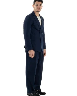 Abito Uomo Doppiopetto Viscosa Relaxed Fit Completo Giacca Rever A Lancia Pantaloni Pinces Fondo Largo Baggy Casual Blu GIOSAL-AE1122A