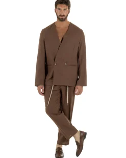 Abito uomo lino vestito giacca doppiopetto 2 bottoni scollo v pantaloni laccio marrone GIOSAL-OU2558A