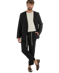 Abito uomo lino vestito giacca doppiopetto 2 bottoni scollo v pantaloni laccio nero GIOSAL-OU2521A