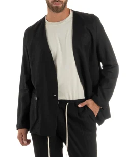 Abito uomo lino vestito giacca doppiopetto 2 bottoni scollo v pantaloni laccio nero GIOSAL-OU2521A