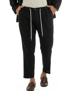 Abito uomo lino vestito giacca doppiopetto 2 bottoni scollo v pantaloni laccio nero GIOSAL-OU2521A