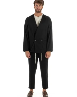 Abito uomo lino vestito giacca doppiopetto 2 bottoni scollo v pantaloni laccio nero GIOSAL-OU2521A