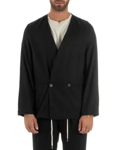 Abito uomo lino vestito giacca doppiopetto 2 bottoni scollo v pantaloni laccio nero GIOSAL-OU2521A