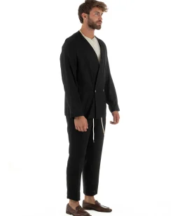 Abito uomo lino vestito giacca doppiopetto 2 bottoni scollo v pantaloni laccio nero GIOSAL-OU2521A