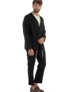 Abito uomo lino vestito giacca doppiopetto 2 bottoni scollo v pantaloni laccio nero GIOSAL-OU2521A
