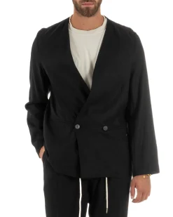 Abito uomo lino vestito giacca doppiopetto 2 bottoni scollo v pantaloni laccio nero GIOSAL-OU2521A