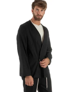 Abito uomo lino vestito giacca doppiopetto 2 bottoni scollo v pantaloni laccio nero GIOSAL-OU2521A