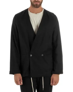 Abito uomo lino vestito giacca doppiopetto 2 bottoni scollo v pantaloni laccio nero GIOSAL-OU2521A