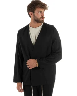 Abito uomo lino vestito giacca doppiopetto 2 bottoni scollo v pantaloni laccio nero GIOSAL-OU2521A