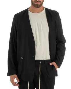 Abito uomo lino vestito giacca doppiopetto 2 bottoni scollo v pantaloni laccio nero GIOSAL-OU2521A