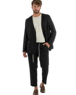 Abito uomo lino vestito giacca doppiopetto 2 bottoni scollo v pantaloni laccio nero GIOSAL-OU2521A