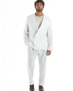 Abito uomo lino vestito giacca doppiopetto 2 bottoni scollo v pantaloni laccio bianco GIOSAL-OU2519A
