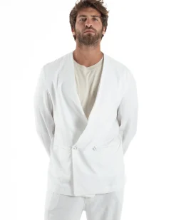 Abito uomo lino vestito giacca doppiopetto 2 bottoni scollo v pantaloni laccio bianco GIOSAL-OU2519A
