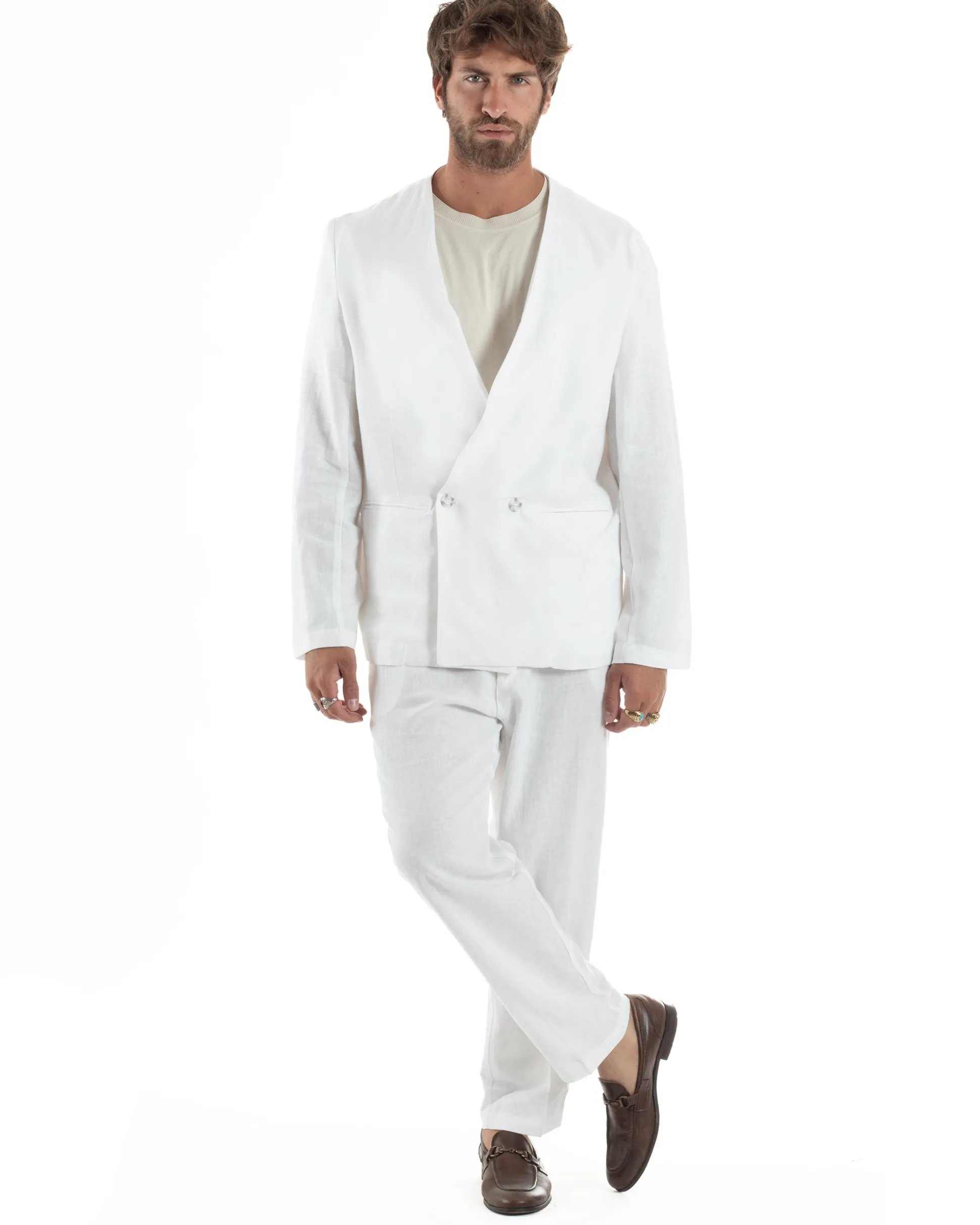 Abito uomo lino vestito giacca doppiopetto 2 bottoni scollo v pantaloni laccio bianco GIOSAL-OU2519A