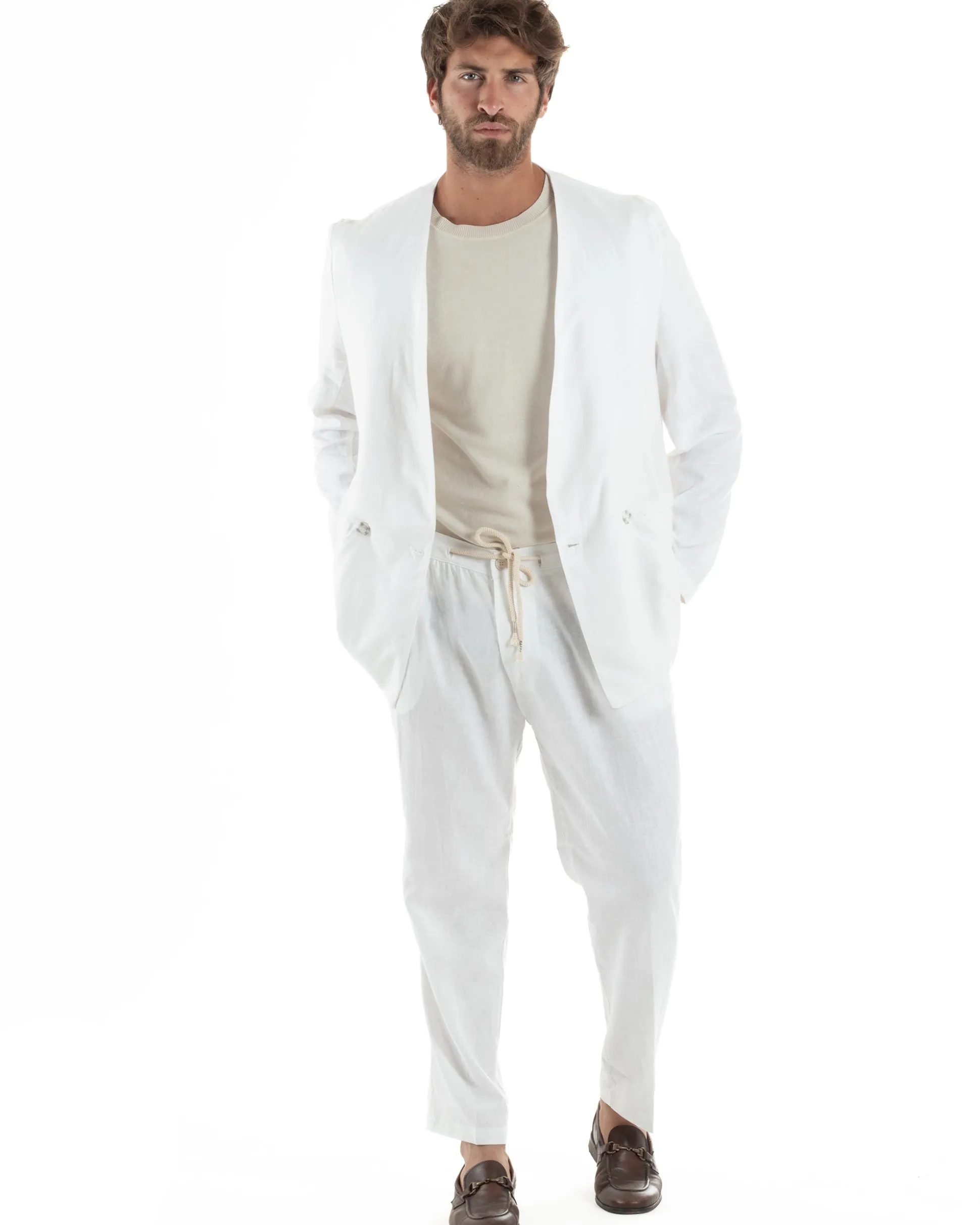 Abito uomo lino vestito giacca doppiopetto 2 bottoni scollo v pantaloni laccio bianco GIOSAL-OU2519A