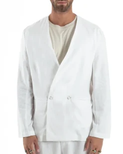 Abito uomo lino vestito giacca doppiopetto 2 bottoni scollo v pantaloni laccio bianco GIOSAL-OU2519A