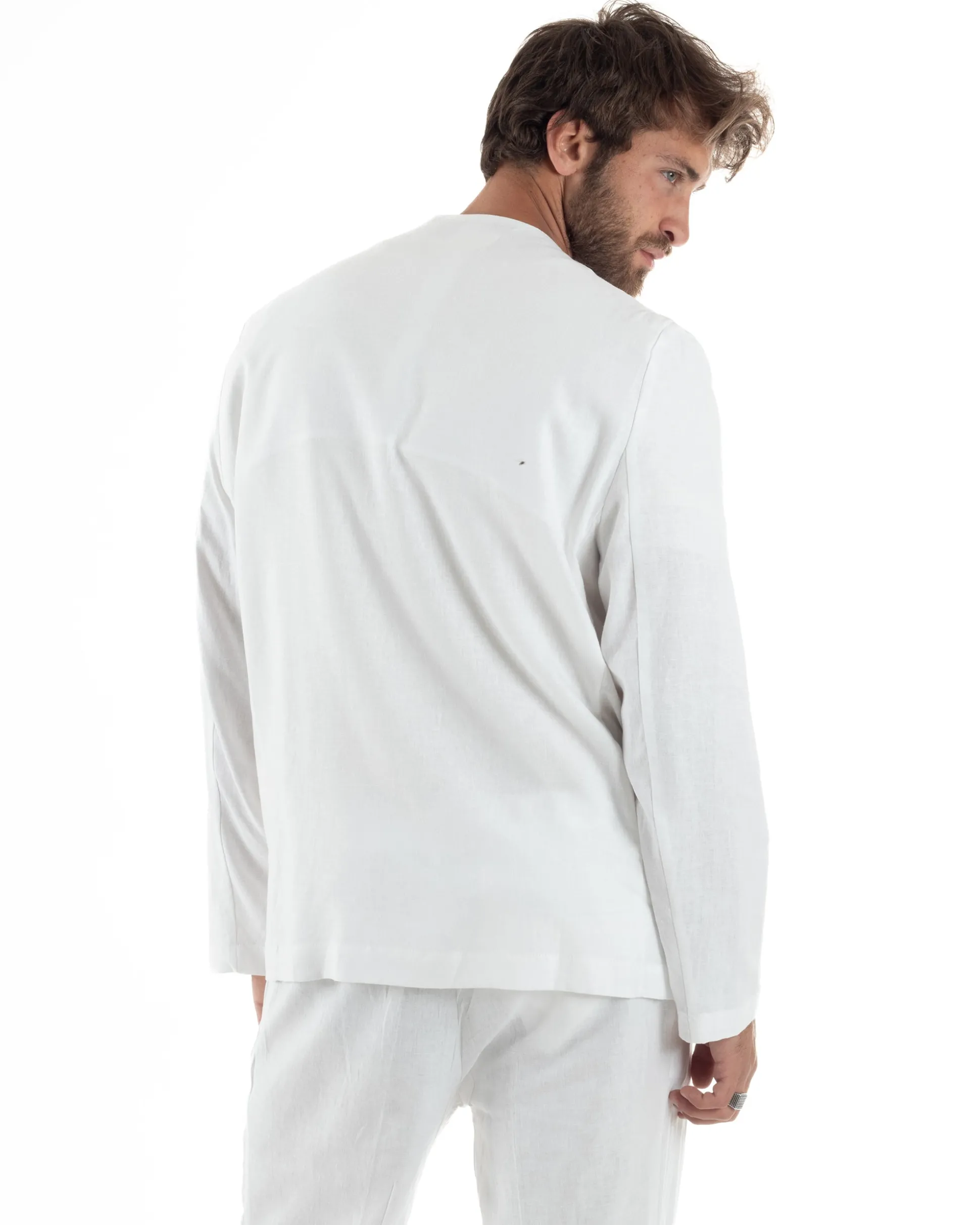 Abito uomo lino vestito giacca doppiopetto 2 bottoni scollo v pantaloni laccio bianco GIOSAL-OU2519A