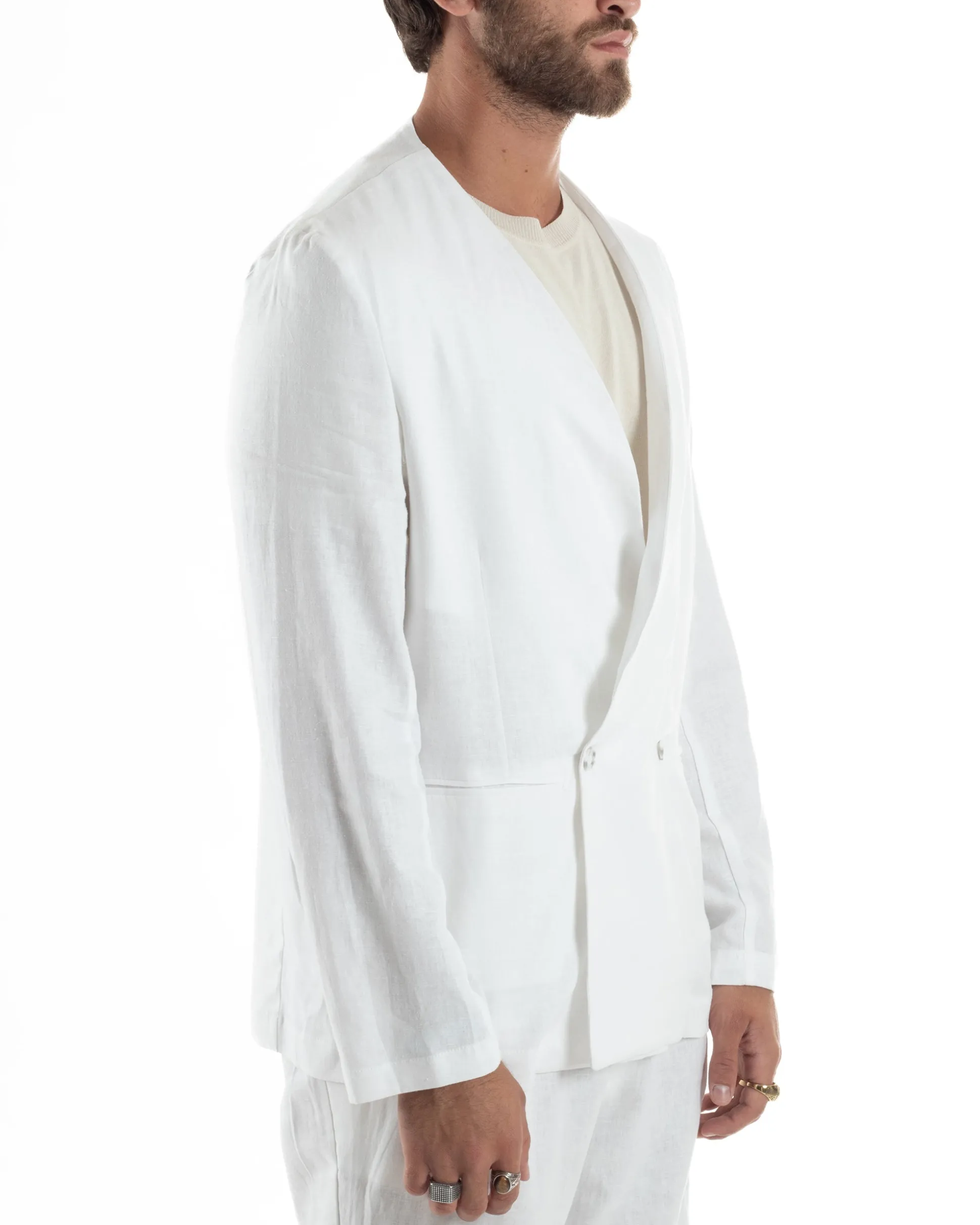 Abito uomo lino vestito giacca doppiopetto 2 bottoni scollo v pantaloni laccio bianco GIOSAL-OU2519A