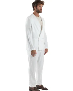 Abito uomo lino vestito giacca doppiopetto 2 bottoni scollo v pantaloni laccio bianco GIOSAL-OU2519A