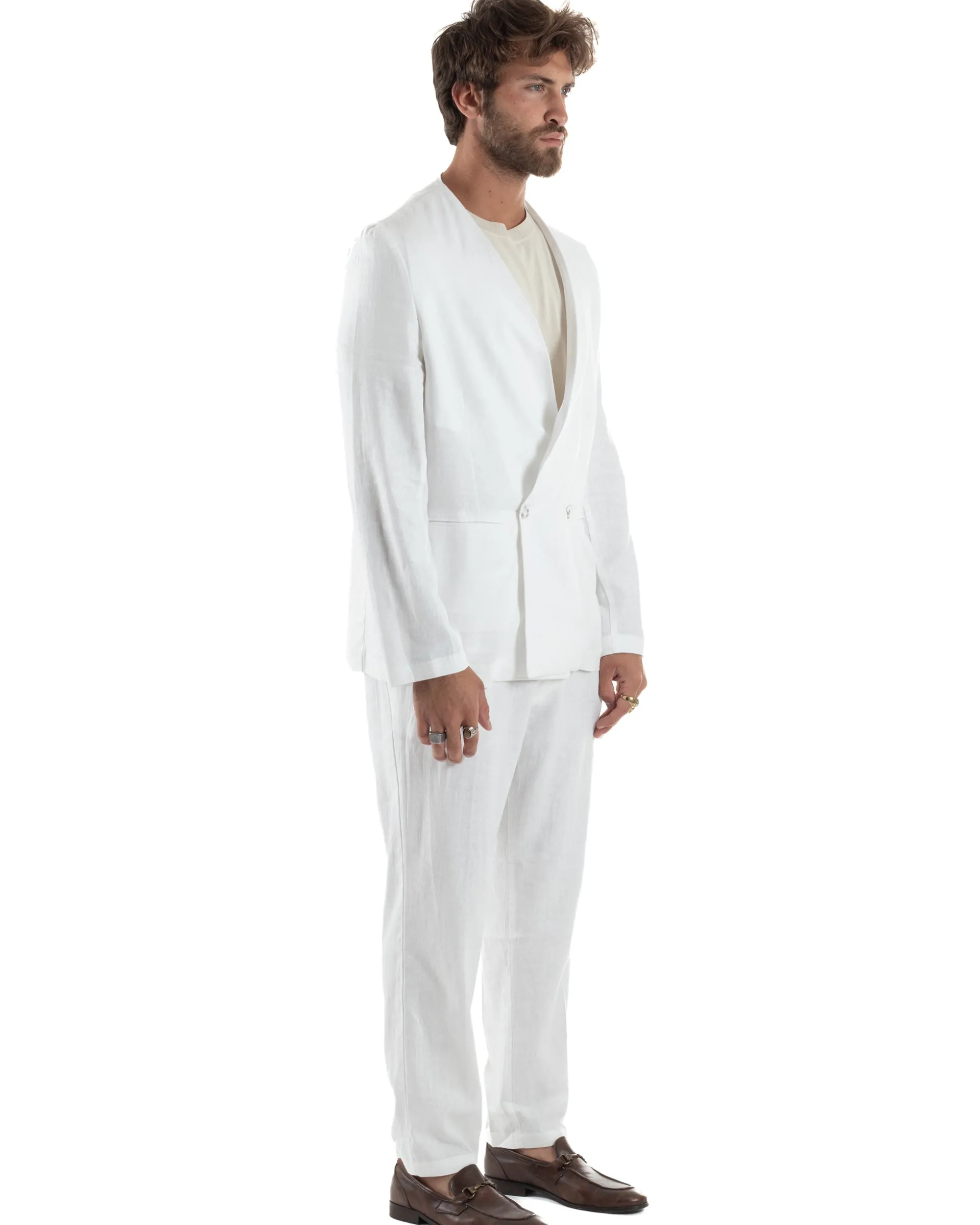 Abito uomo lino vestito giacca doppiopetto 2 bottoni scollo v pantaloni laccio bianco GIOSAL-OU2519A