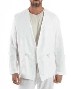 Abito uomo lino vestito giacca doppiopetto 2 bottoni scollo v pantaloni laccio bianco GIOSAL-OU2519A