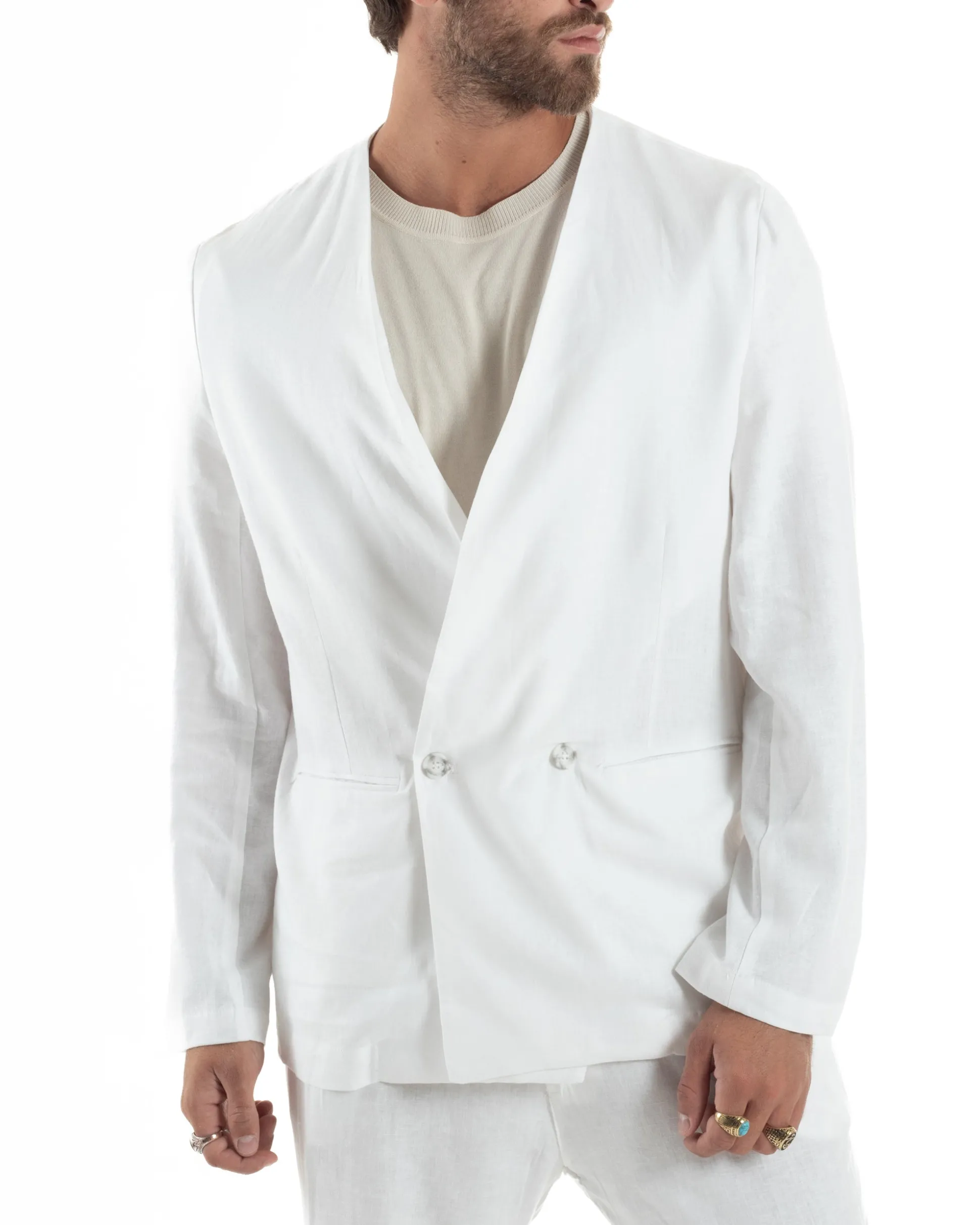 Abito uomo lino vestito giacca doppiopetto 2 bottoni scollo v pantaloni laccio bianco GIOSAL-OU2519A