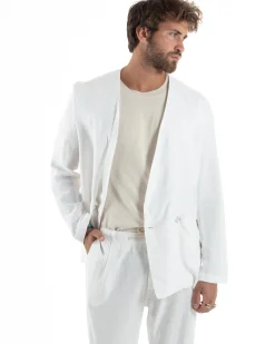 Abito uomo lino vestito giacca doppiopetto 2 bottoni scollo v pantaloni laccio bianco GIOSAL-OU2519A