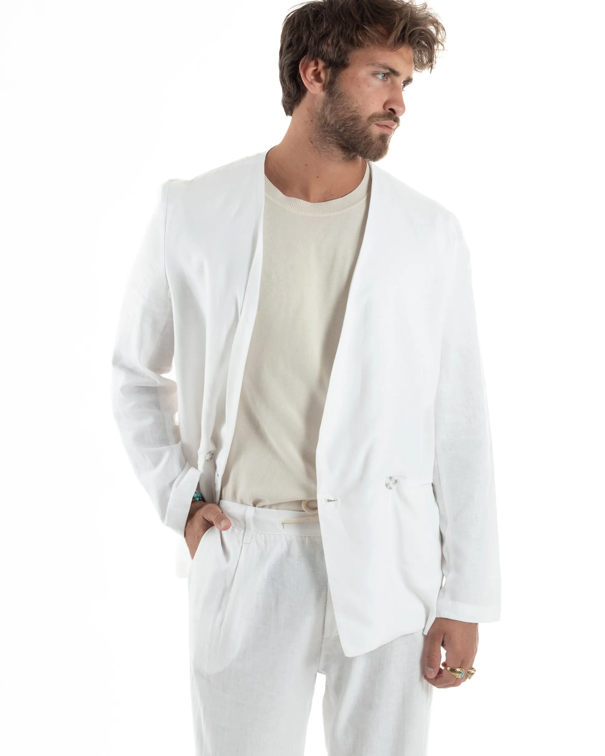 Abito uomo lino vestito giacca doppiopetto 2 bottoni scollo v pantaloni laccio bianco GIOSAL-OU2519A