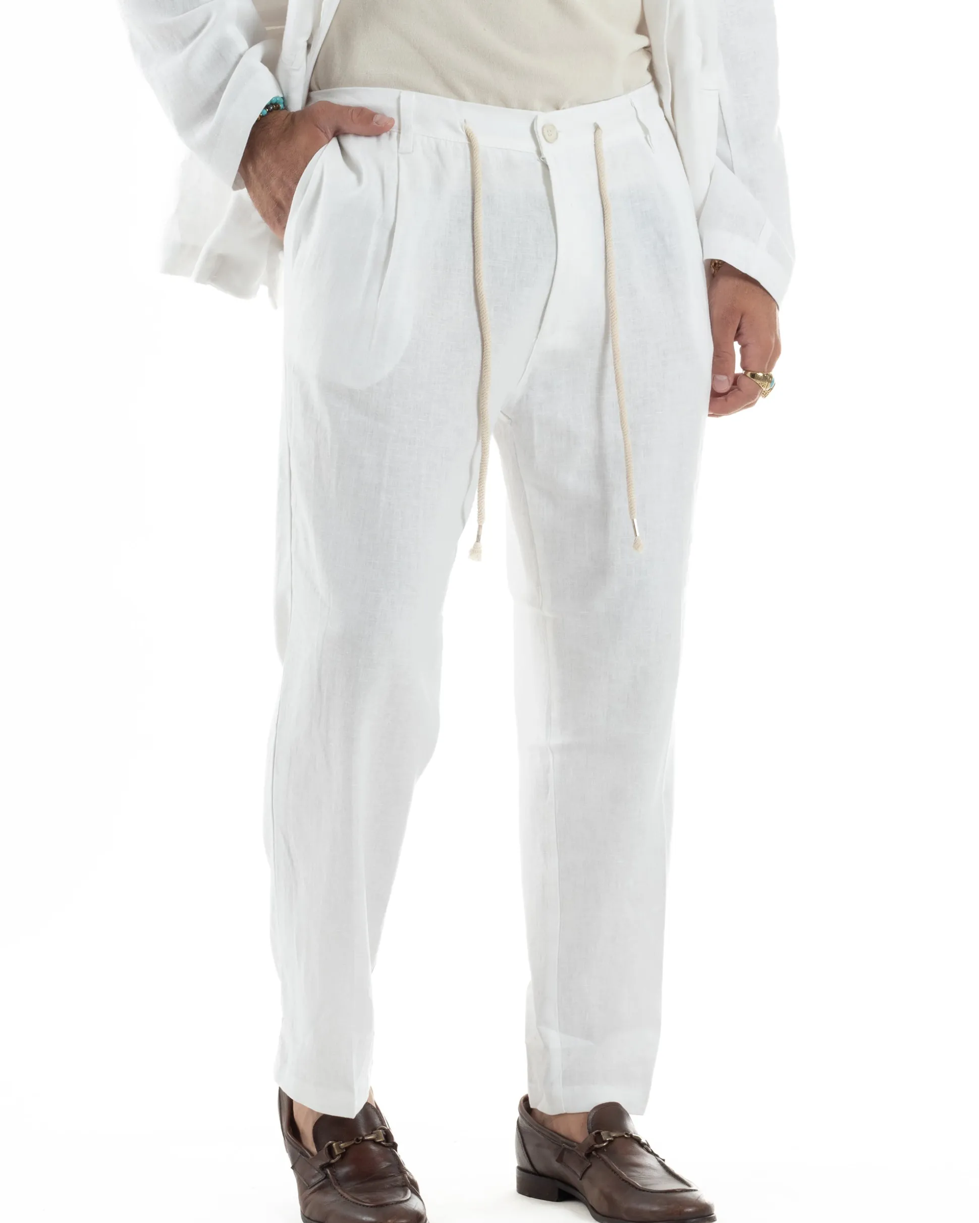 Abito uomo lino vestito giacca doppiopetto 2 bottoni scollo v pantaloni laccio bianco GIOSAL-OU2519A