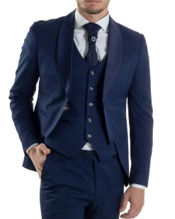 Abito Uomo Monopetto Cerimonia Rever Raso Lucido Vestito 3 Pezzi Panciotto Completo Sposo Panciotto Plastron Blu AE1144A
