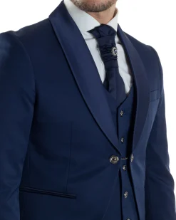 Abito Uomo Monopetto Cerimonia Rever Raso Lucido Vestito 3 Pezzi Panciotto Completo Sposo Panciotto Plastron Blu AE1144A