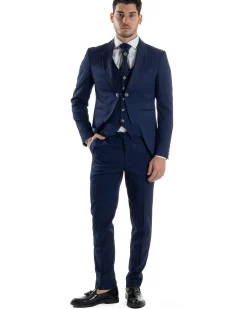 Abito Uomo Monopetto Cerimonia Rever Raso Lucido Vestito 3 Pezzi Panciotto Completo Sposo Panciotto Plastron Blu AE1144A