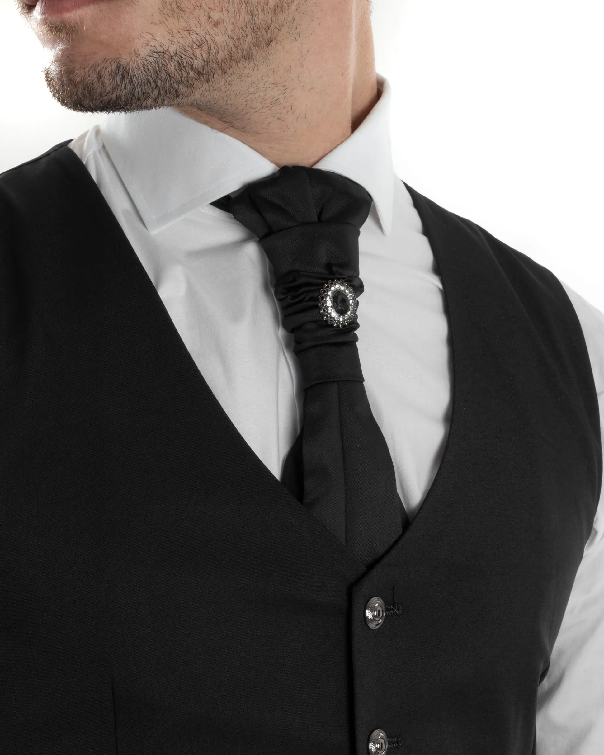 Abito Uomo Monopetto Cerimonia Rever Raso Lucido Vestito 3 Pezzi Panciotto Completo Sposo Panciotto Plastron Nero AE1143A