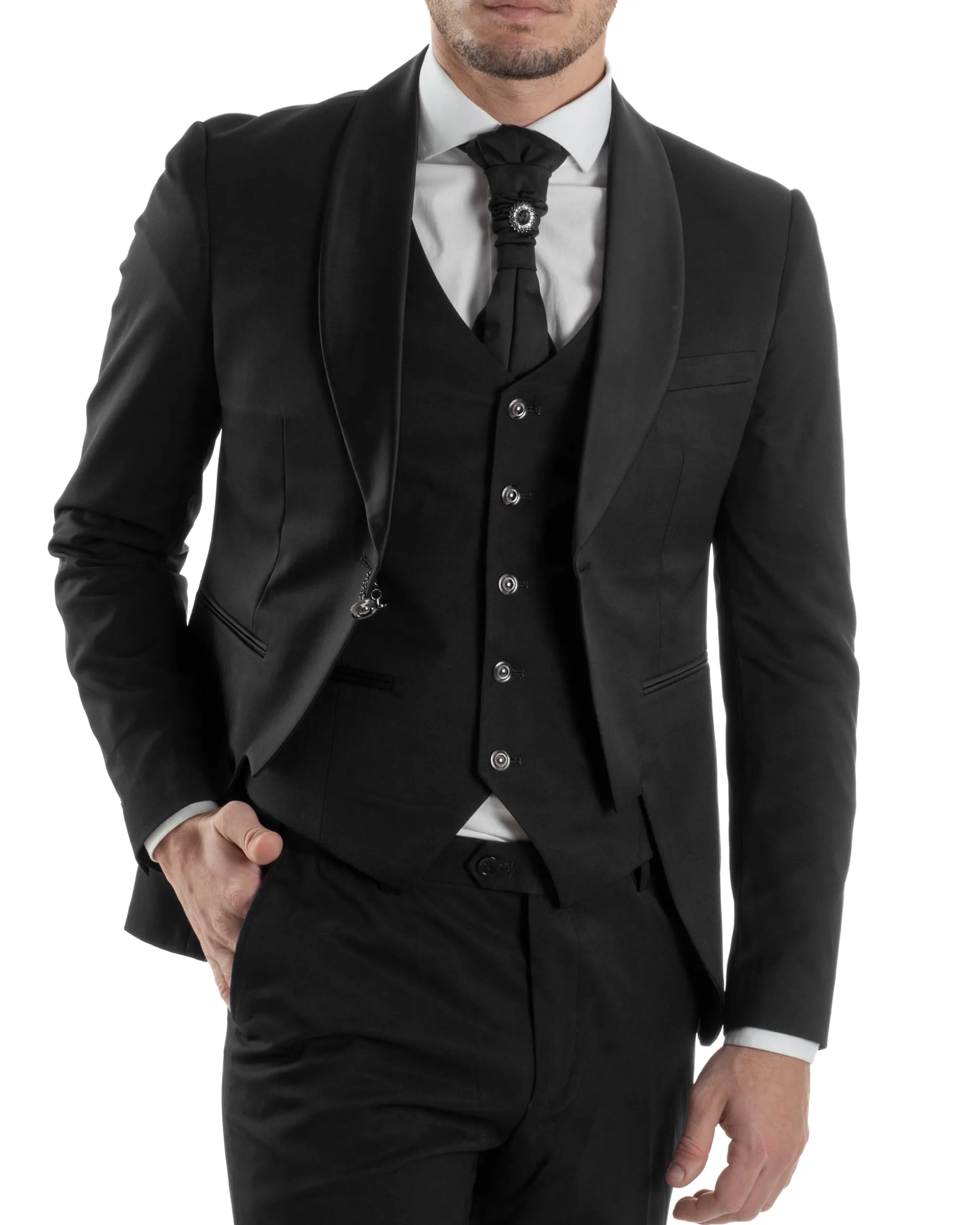 Abito Uomo Monopetto Cerimonia Rever Raso Lucido Vestito 3 Pezzi Panciotto Completo Sposo Panciotto Plastron Nero AE1143A