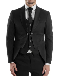 Abito Uomo Monopetto Cerimonia Rever Raso Lucido Vestito 3 Pezzi Panciotto Completo Sposo Panciotto Plastron Nero AE1143A