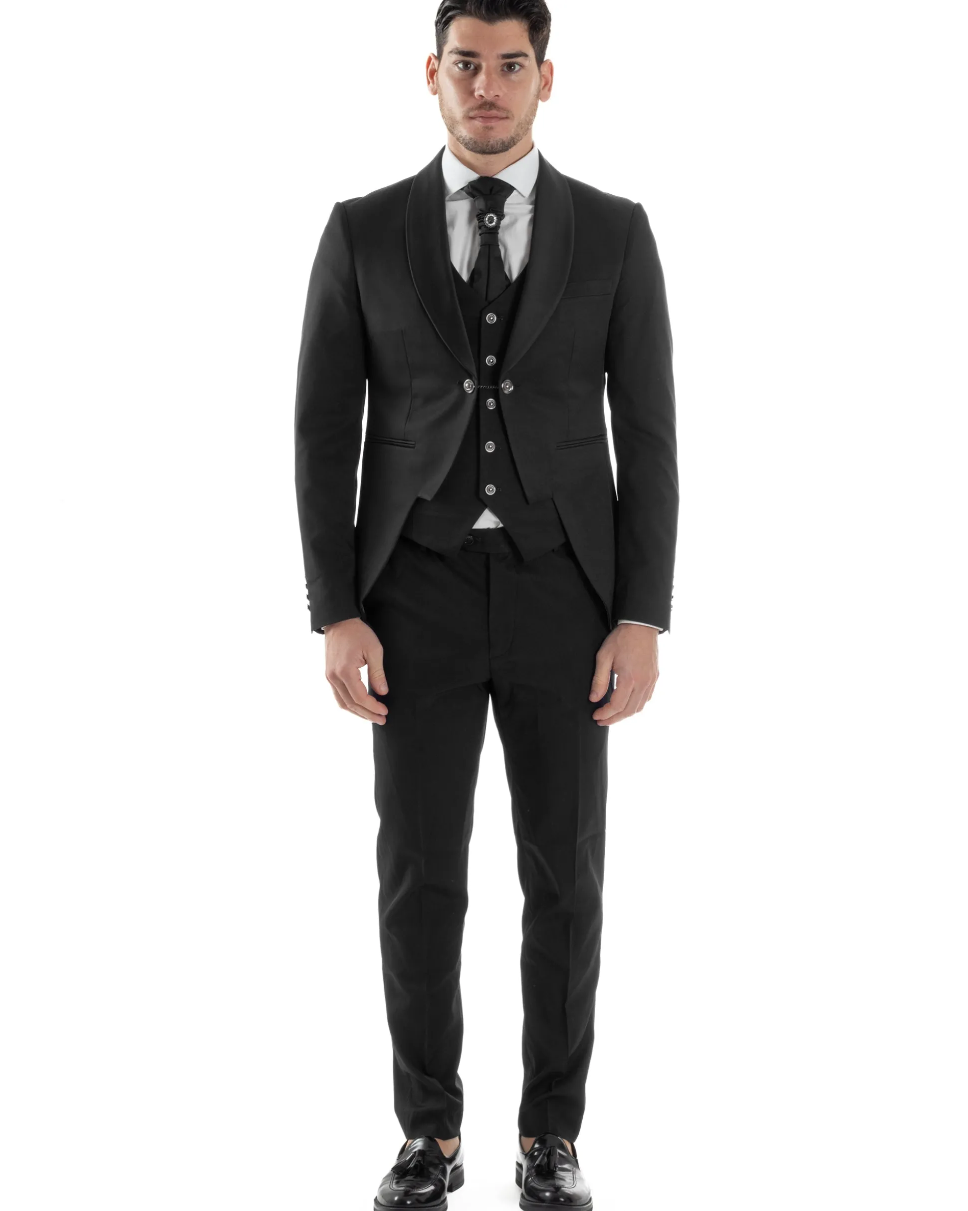 Abito Uomo Monopetto Cerimonia Rever Raso Lucido Vestito 3 Pezzi Panciotto Completo Sposo Panciotto Plastron Nero AE1143A