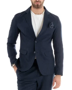 Abito Uomo Monopetto Completo Lino Sartoriale Giacca Pantaloni Blu GIOSAL-OU2324A