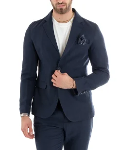 Abito Uomo Monopetto Completo Lino Sartoriale Giacca Pantaloni Blu GIOSAL-OU2324A