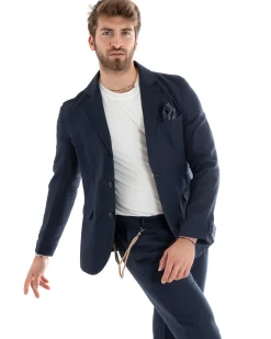 Abito Uomo Monopetto Completo Lino Sartoriale Giacca Pantaloni Blu GIOSAL-OU2324A