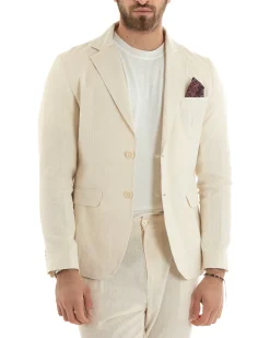 Abito Uomo Monopetto Completo Lino Sartoriale Giacca Pantaloni Beige GIOSAL-OU2322A
