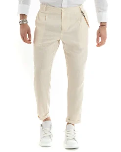 Abito Uomo Monopetto Completo Lino Sartoriale Giacca Pantaloni Beige GIOSAL-OU2322A