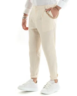 Abito Uomo Monopetto Completo Lino Sartoriale Giacca Pantaloni Beige GIOSAL-OU2322A