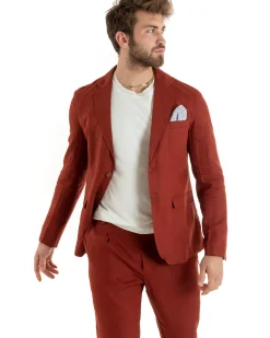 Abito Uomo Monopetto Completo Lino Sartoriale Giacca Pantaloni Mattone GIOSAL-OU2328A
