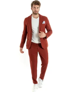 Abito Uomo Monopetto Completo Lino Sartoriale Giacca Pantaloni Mattone GIOSAL-OU2328A