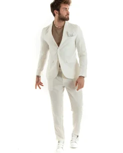 Abito Uomo Monopetto Completo Lino Sartoriale Giacca Pantaloni Panna GIOSAL-OU2326A