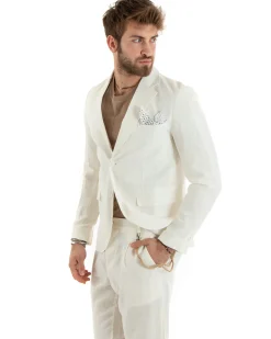 Abito Uomo Monopetto Completo Lino Sartoriale Giacca Pantaloni Panna GIOSAL-OU2326A