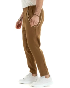 Abito Uomo Monopetto Completo Lino Sartoriale Giacca Pantaloni Camel GIOSAL-OU2327A